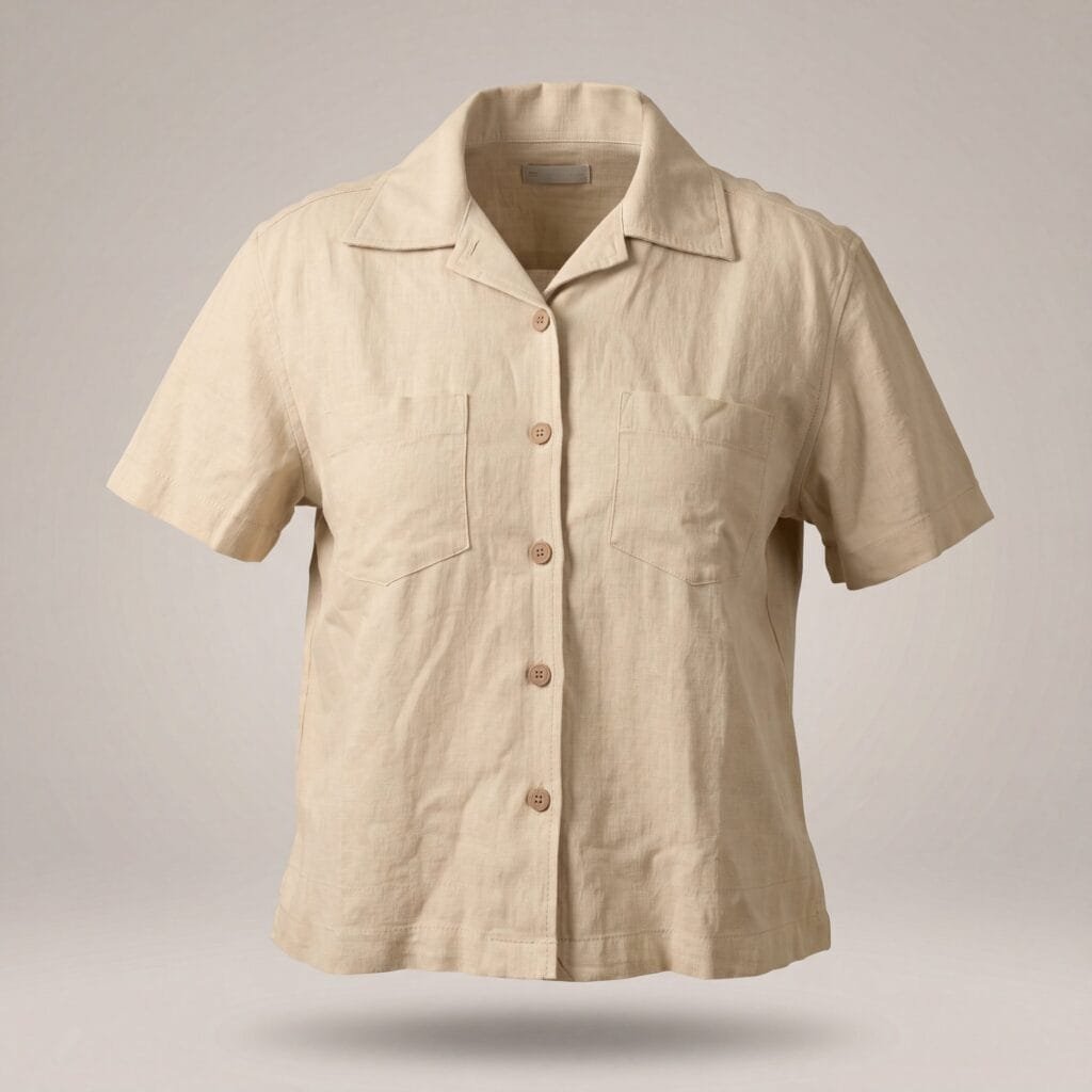 A short-sleeved camp-collar shirt in sand-coloured linen on an invisible mannequin, with two patch chest pockets and wooden buttons.