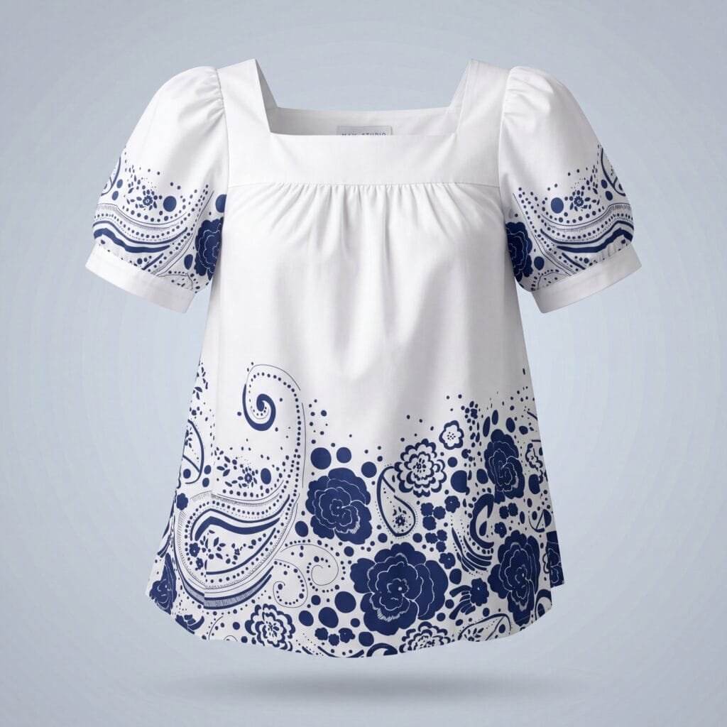 A white square-neck top with short puff sleeves on an invisible mannequin, printed with a deep navy paisley and floral border around the hem and cuffs.