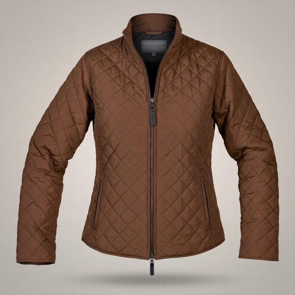 A brown quilted jacket on an invisible mannequin: tobacco-coloured diamond quilting, a stand collar, a full-length zip and two zipped hand pockets.