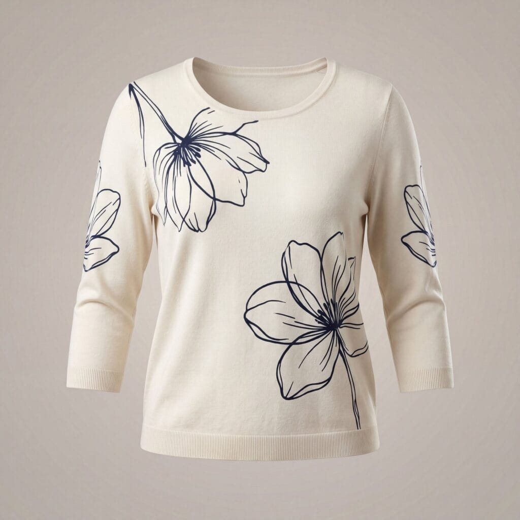 A cream knit top with three-quarter sleeves on an invisible mannequin, printed with large navy line-drawn flowers across the body and sleeves.
