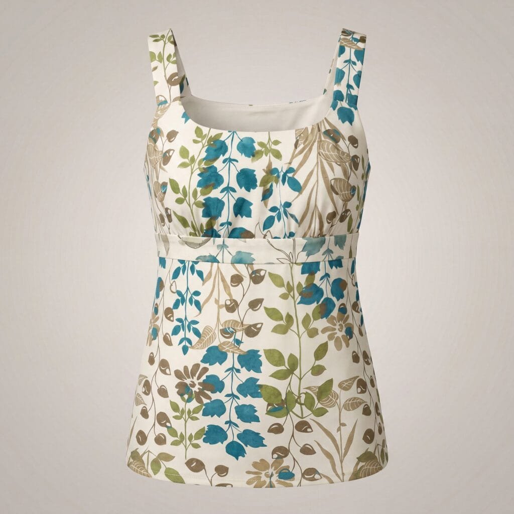 A sleeveless floral print top on an invisible mannequin: cream ground, square neck, empire waistband, printed with trailing teal bellflowers and olive and taupe foliage.