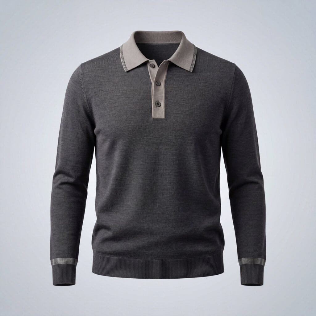 A charcoal long-sleeved knit polo on an invisible mannequin, with a contrasting taupe collar and three-button placket and a fine check at the cuffs.