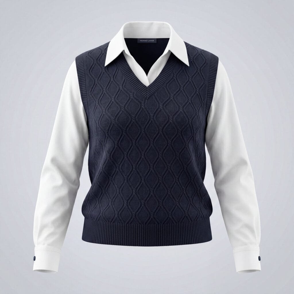A navy cable-knit sleeveless vest layered over a white long-sleeved shirt on an invisible mannequin, the shirt collar open at the vest's V-neck and its cuffs buttoned at the wrists.