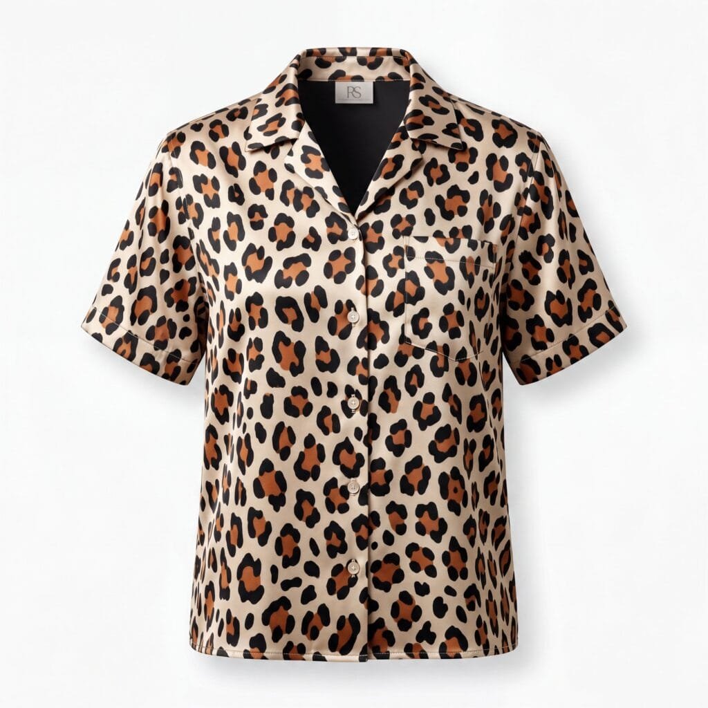 A short-sleeved camp-collar shirt in satin leopard print on an invisible mannequin: tan ground with black and rust spots, pale buttons and a single chest pocket.