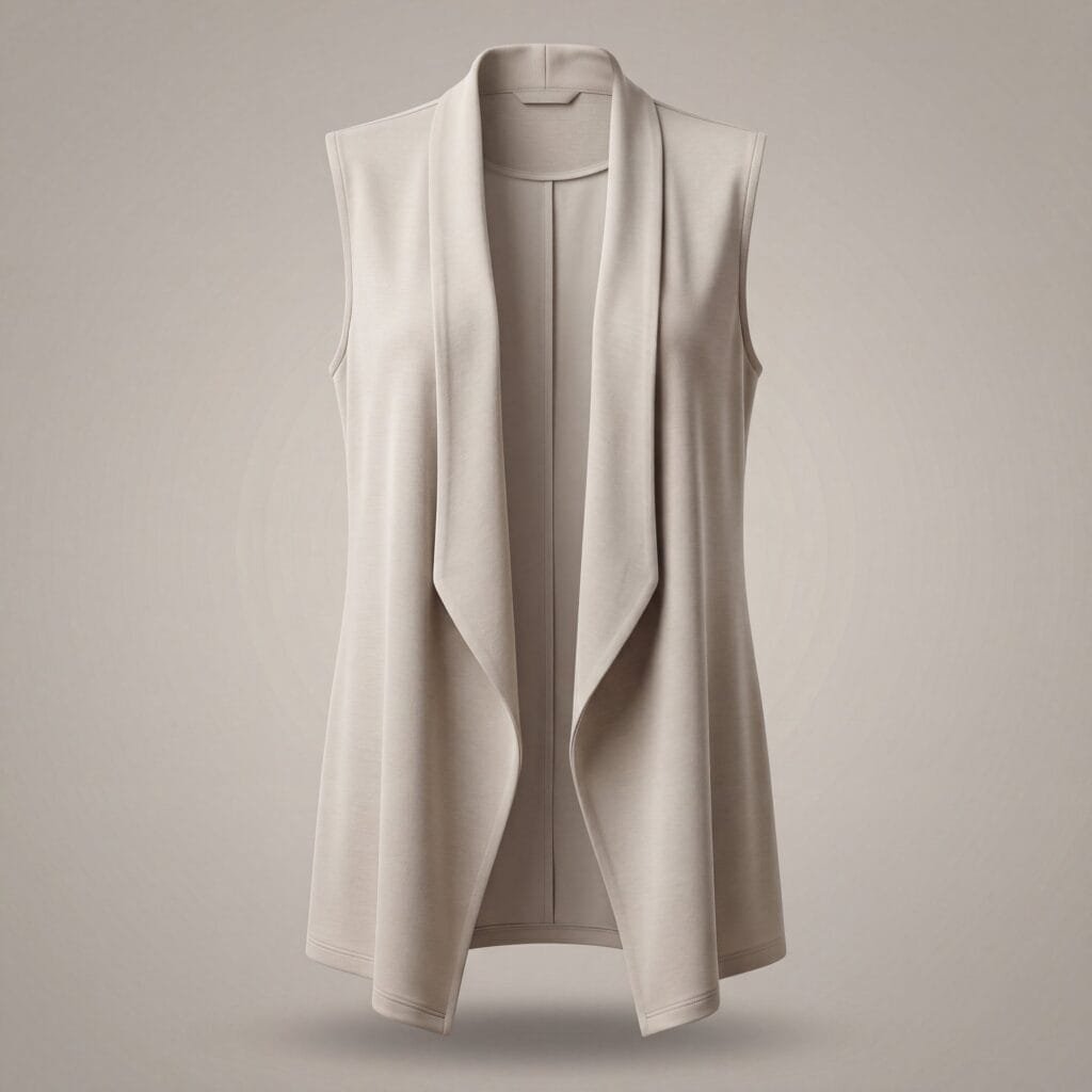 An open-front sleeveless drape vest on an invisible mannequin, in stone-coloured knit, with long waterfall lapels that fall past the hem and a plain seamed back visible through the opening.