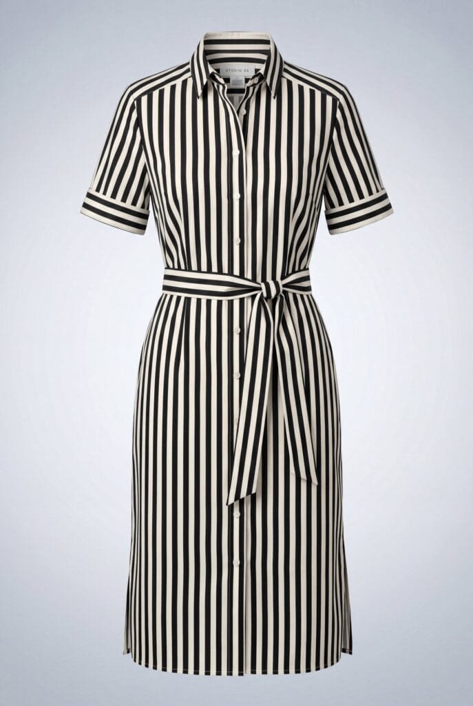 A black and cream vertically striped shirt dress on an invisible mannequin, with short sleeves, a full button placket and a self-tie belt knotted at the waist.
